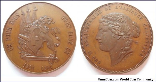 1891 Swiss Bern 600th Anniversary of Perpetual Alliance Medal by Bovy/C. Richard. Bronze: 36MM.
Obv: Liberty Head left, legend 600th ANNIVERSAIRE DE L'ALLIANCE HELVETIQUE. Rev: Lion supports Swiss shield, Legend UN FOUR TOUS, TOUS POUR UN (One For All, All For One).
