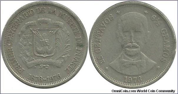 DominicanRepublic 25 Centavos 1976 - Death of Juan Pablo Duarte, 100th Year