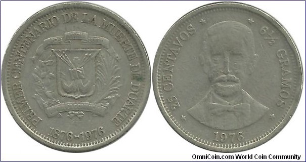 DominicanRepublic 25 Centavos 1976 - Death of Juan Pablo Duarte, 100th Year