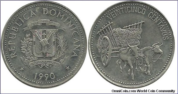 DominicanRepublic 25 Centavos 1990 - Native Culture (KM# 71.2)