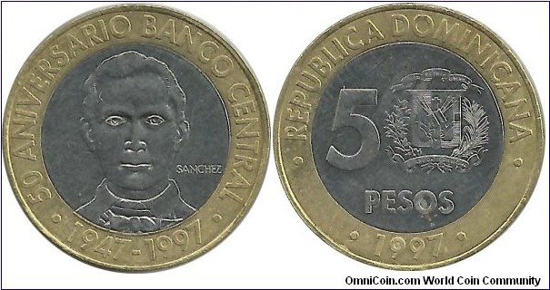 DominicanRepublic 5 Pesos 1997 - 50th Anniversary - Central Bank