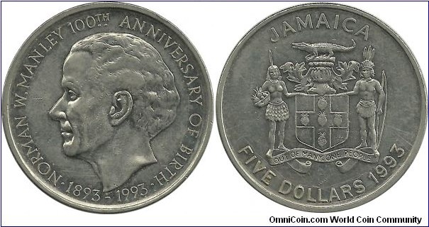 Jamaica 5 Dollars 1993