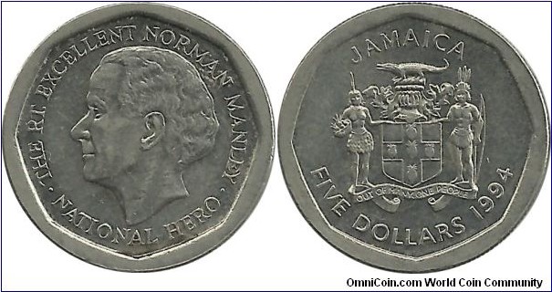 Jamaica 5 Dollars 1994 - reduced size