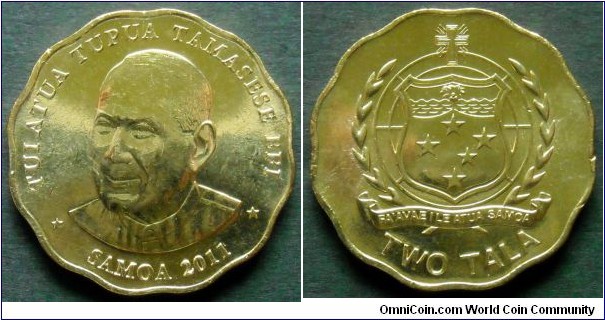 Western Samoa 2 tala.
2011, Obverse; Tui Atua Tupua Tamasese Efi. Reverse; Samoan National Coat of Arms.
The designer of Samoa 2011 coins is Wojciech Pietranik, polish artist and sculptor. Pietranik living in Australia since 1985. 