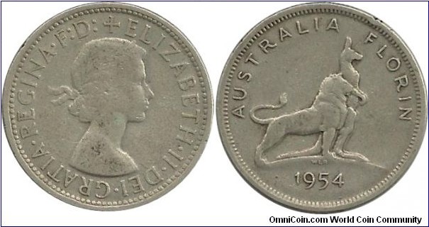 AustraliaComm 1 Florin 1954 - Commemorating the First Visit of a Reigning Monarch to Australia