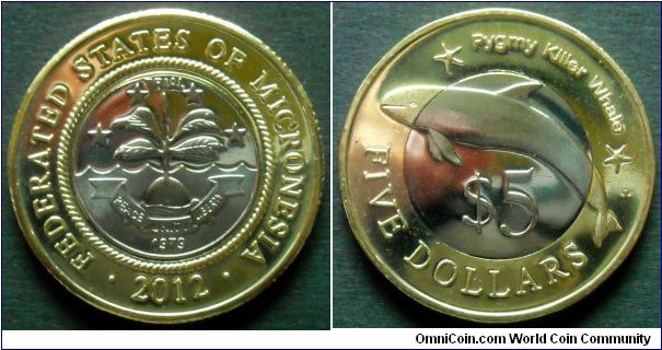 Micronesia 5 dollars. 2012, Pygmy Killer Whale.
Bimetal. Not legal tender coin. Fantasy issue.