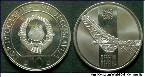 Yugoslavia 10 dinara. 1983, 40th Anniversary of Battle of Neretva River. Cu-ni-zn. Proof variety.
Mintage 100.000 units. 