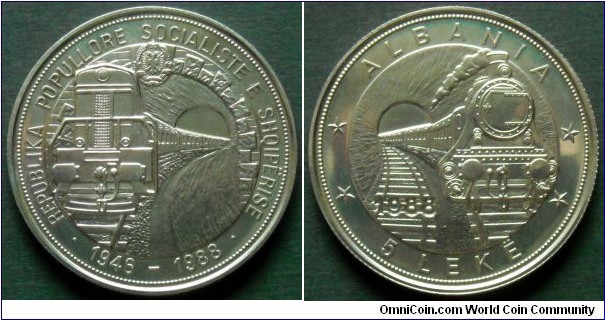 Albania 5 leke. 1988, 42nd Anniversary of Albanian railroads (1946-1988) Cu-ni. Weight; 28,2g. Diameter; 38,7mm.
Mintage; 20.000 units.