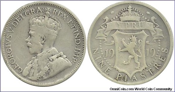 Cyprus-British 9 Piastres 1919