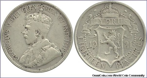 Cyprus-British 18 Piastres 1921