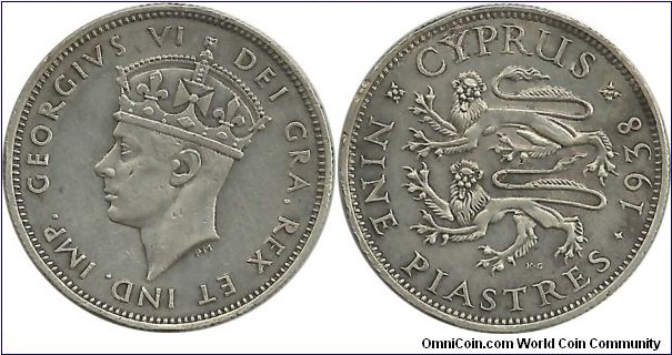 Cyprus-British 9 Piastres 1938