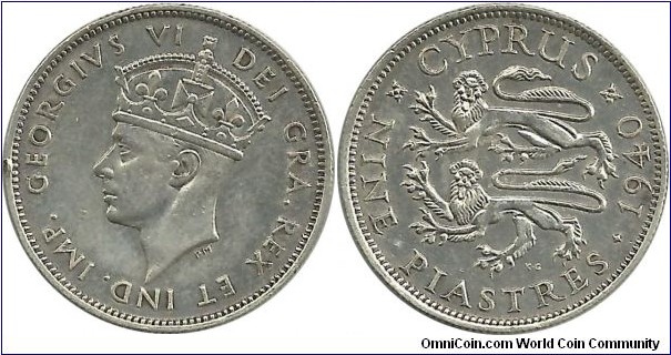 Cyprus-British 9 Piastres 1940