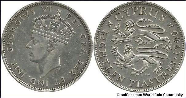 Cyprus-British 18 Piastres 1940