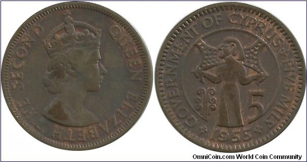 Cyprus-British 5 Mils 1955