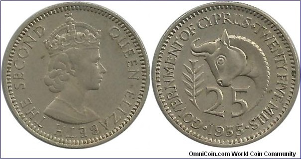 Cyprus-British 25 Mils 1955