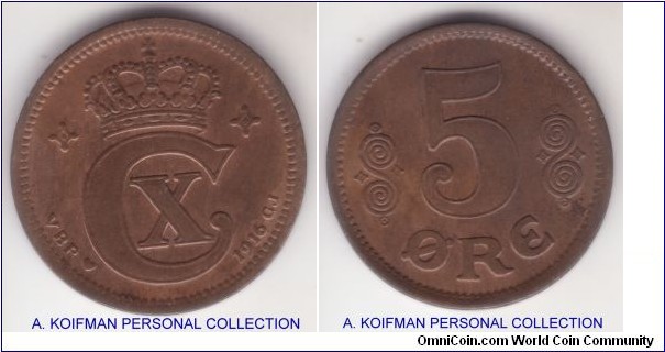 KM-814.1, 1916 Denmark 5 ore, Copenhagen mint (heart mintmark), VBP, GJ mint; bronze, plain edge; good extra fine to about uncirculated.