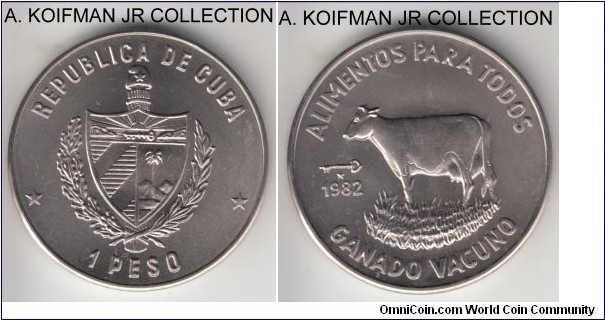 KM-95, 1982 Cuba peso; copper-nickel, plain edge; FAO commemorative - Bovine cattle, small mintage - 5,684, nice gem uncirculated.