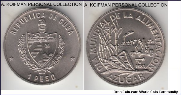 KM-59, 1981 Cuba peso; copper-nickel, plain edge; FAO commemorative - Sugar, matte looking good uncirculated specimen, mintage 10,000.