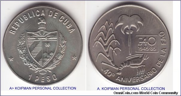 KM-132, 1985 Cuba peso; copper-nickel, plain edge; FAO 40'th anniversary, mintage 5,000