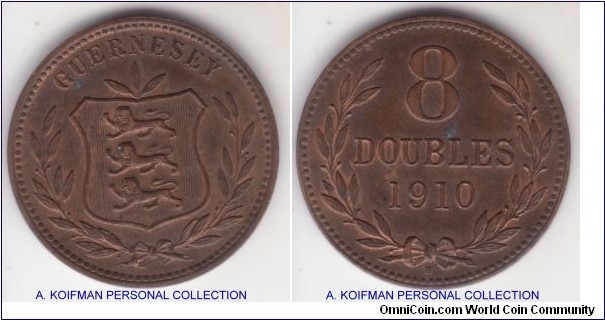 KM-7, 1910 Guernsey 8 doubles, Heaton mint (H mintmark); broznze, plain edge; extra fine, some luster showing, mintage 91,000