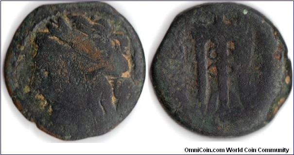 Bronze coin from the city of Rhegium in Bruttium circa 270 bc.
Obverse bust of Apollo to left. Reverse, tripod.
Coin is in  pretty worn condition, but still collectable. 