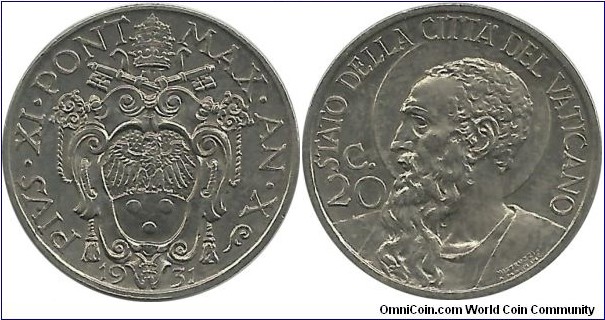 Vatican 20 Centesimi 1931