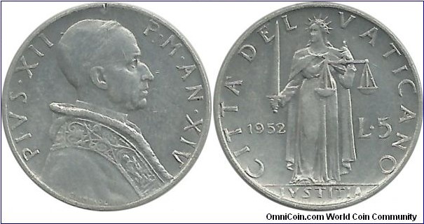Vatican 5 Lire 1952