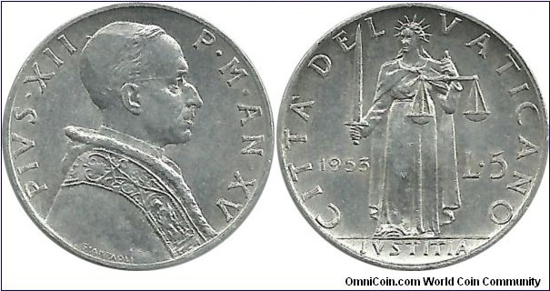 Vatican 5 Lire 1953