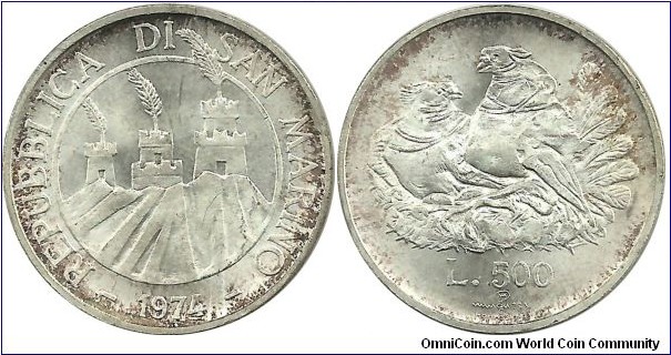 SanMarino 500 Lire 1974-(.835 Ag)