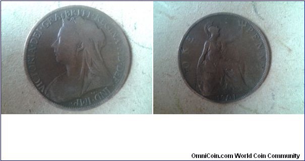 Victorian 1 penny coin slightly faded