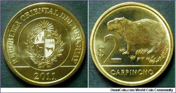 Uruguay 2 pesos.
2011, Capybara (Carpincho)
