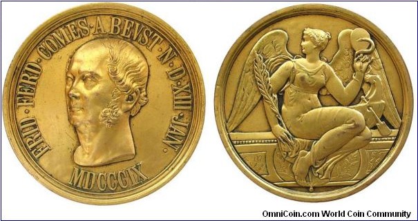 1809 Turkey and the Ottoman Empire, Austria Friedrich Ferdinand Graf 1809-1886 Prime Minister of Saxony & Austrian Staatsminist Galvanno Medal. Gilded Bronze:  72MM
