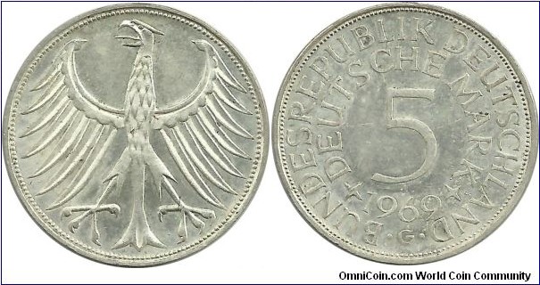 Germany-West 5 DeutscheMark 1969 (.625 Ag)