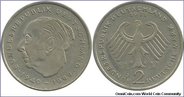 Germany-West 2 DeutscheMark 1971J - Theodor Heuss