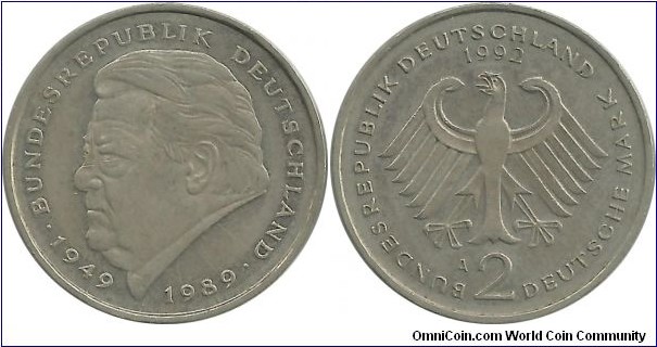 Germany-West 2 DeutscheMark 1992A - Franz Joseph Strauss