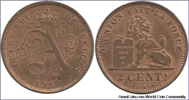 Belgium 2 Centimes 1919-French