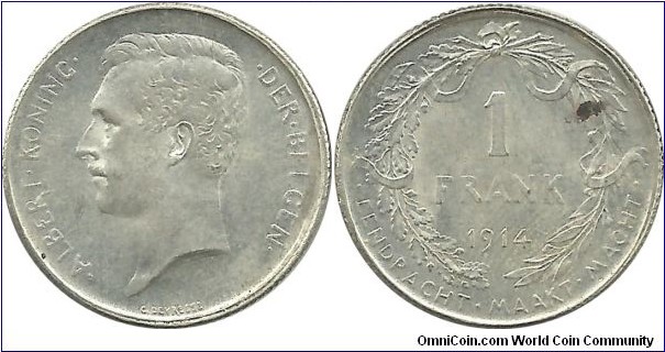 Belgium 1 Frank 1914-Dutch (.835 Ag)