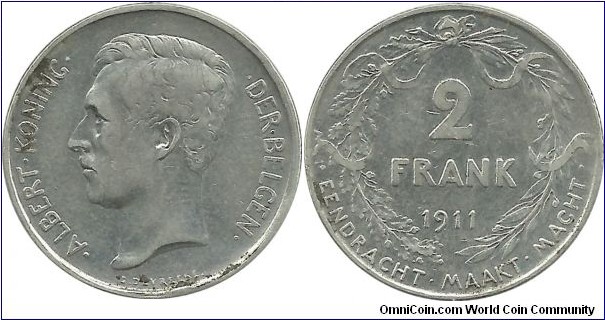 Belgium 2 Frank 1911-Dutch (.835 Ag)