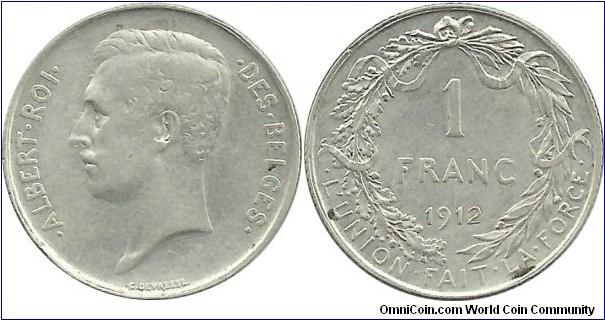 Belgium 1 Franc 1912-French (.835 Ag)