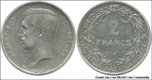 Belgium 2 Francs 1912-French (.835 Ag)