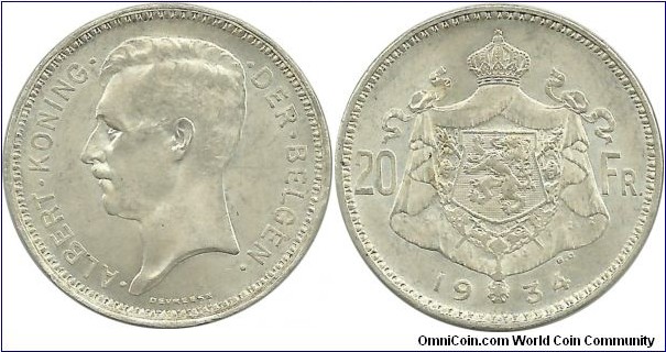 Belgium 20 Francs 1934-Dutch (.680 Ag)