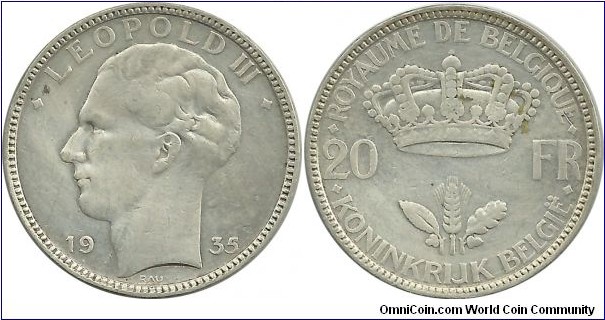 Belgium 20 Francs 1935 (.680 Ag)  