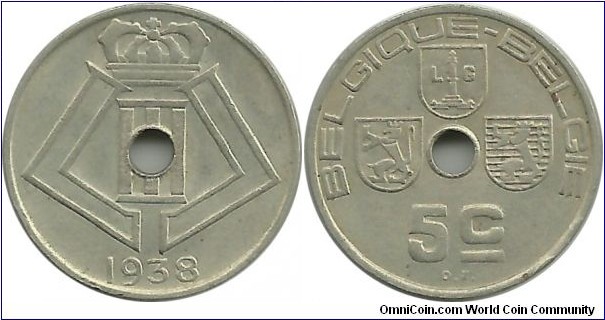 Belgium 5 Centimes 1938-Fr-Dt