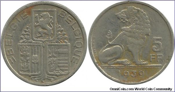 Belgium 5 Francs 1939-Dt-Fr