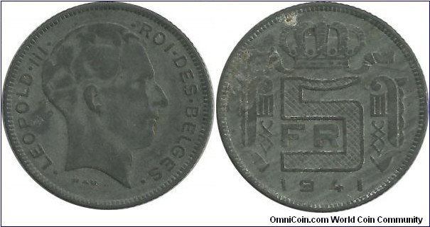 Belgium 5 Francs 1941-French