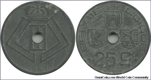 Belgium 25 Centimes 1943-Dt-Fr