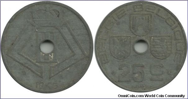 Belgium 25 Centimes 1945-Dt-Fr