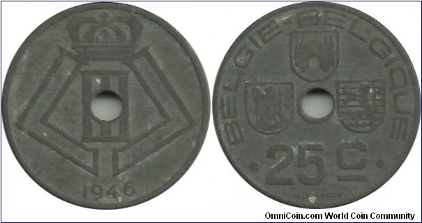 Belgium 25 Centimes 1946-Dt-Fr