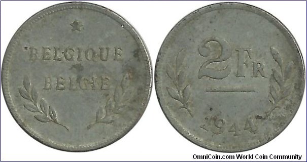 Belgium 2 Francs 1944 - In 1944 the Allies minted 25 million 2 franc coins at the Philadelphia Mint using leftover planchets for the 1943 steel cent.