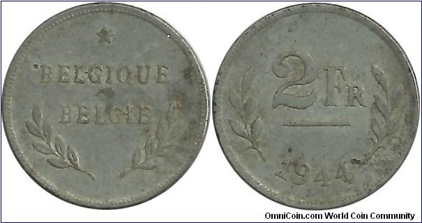 Belgium 2 Francs 1944 - In 1944 the Allies minted 25 million 2 franc coins at the Philadelphia Mint using leftover planchets for the 1943 steel cent.